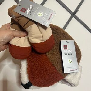 New Swiss Tech Toddlers Trapper Hat and Mitten Set Burnt Orange And Brown